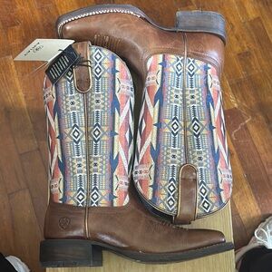 Ariat Brown and Red Cowboy Boots with Geometric Pattern